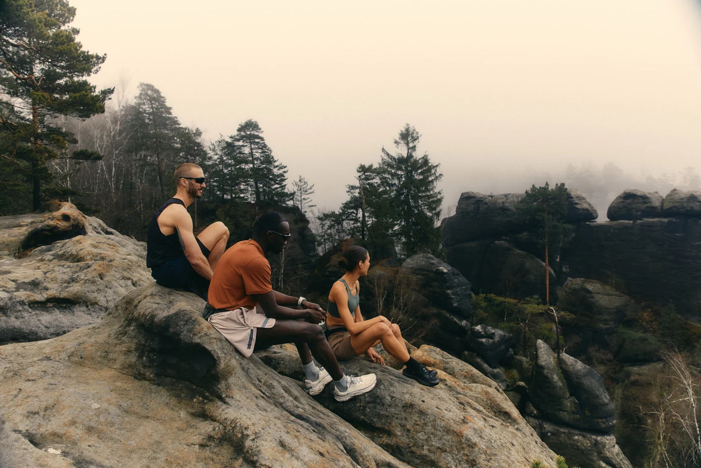 Friends sitting together on rocks in a wooded landscape